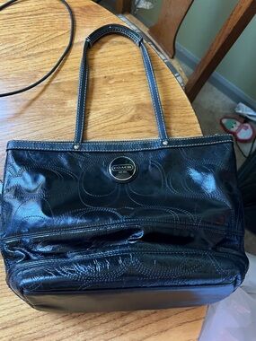 Coach Black Patent Leather Tote with Signature Emboss